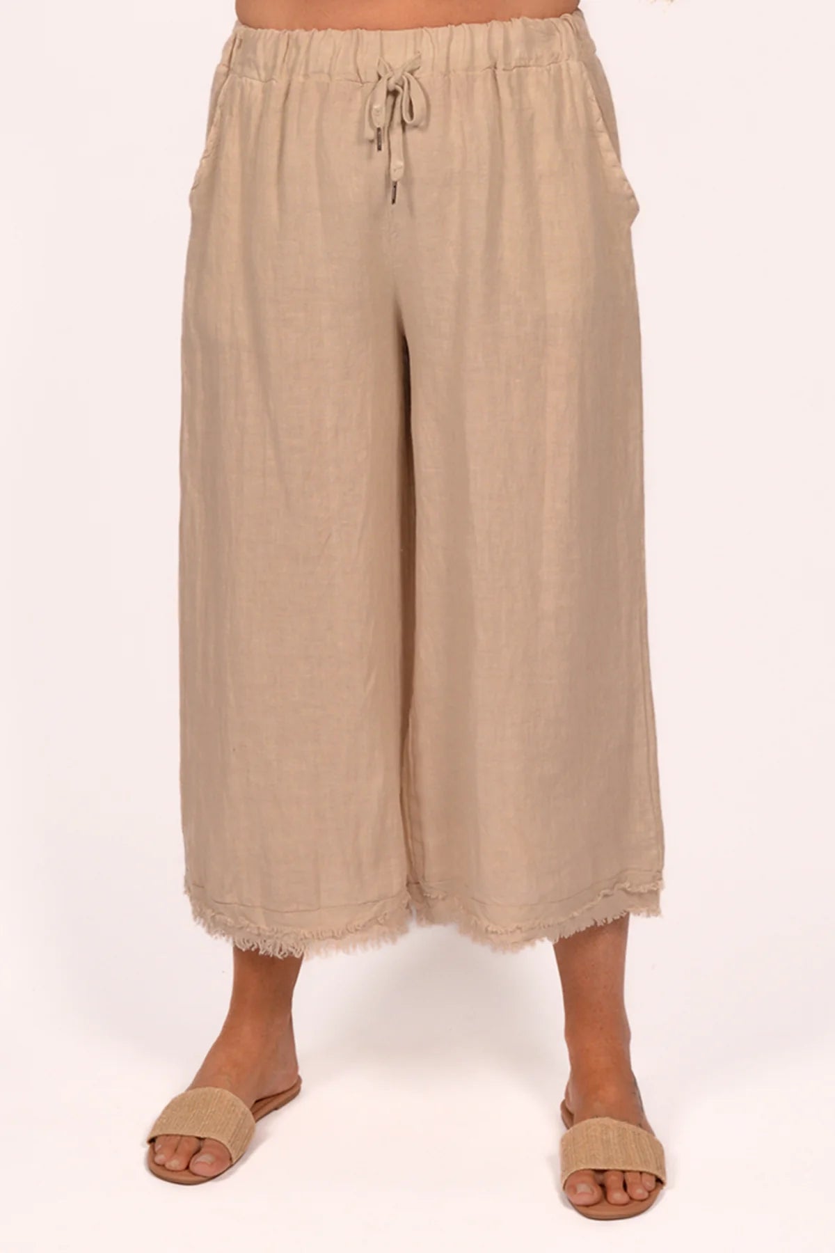 BE LINEN FRAYED EDGE PANTS Italy Collection O/S