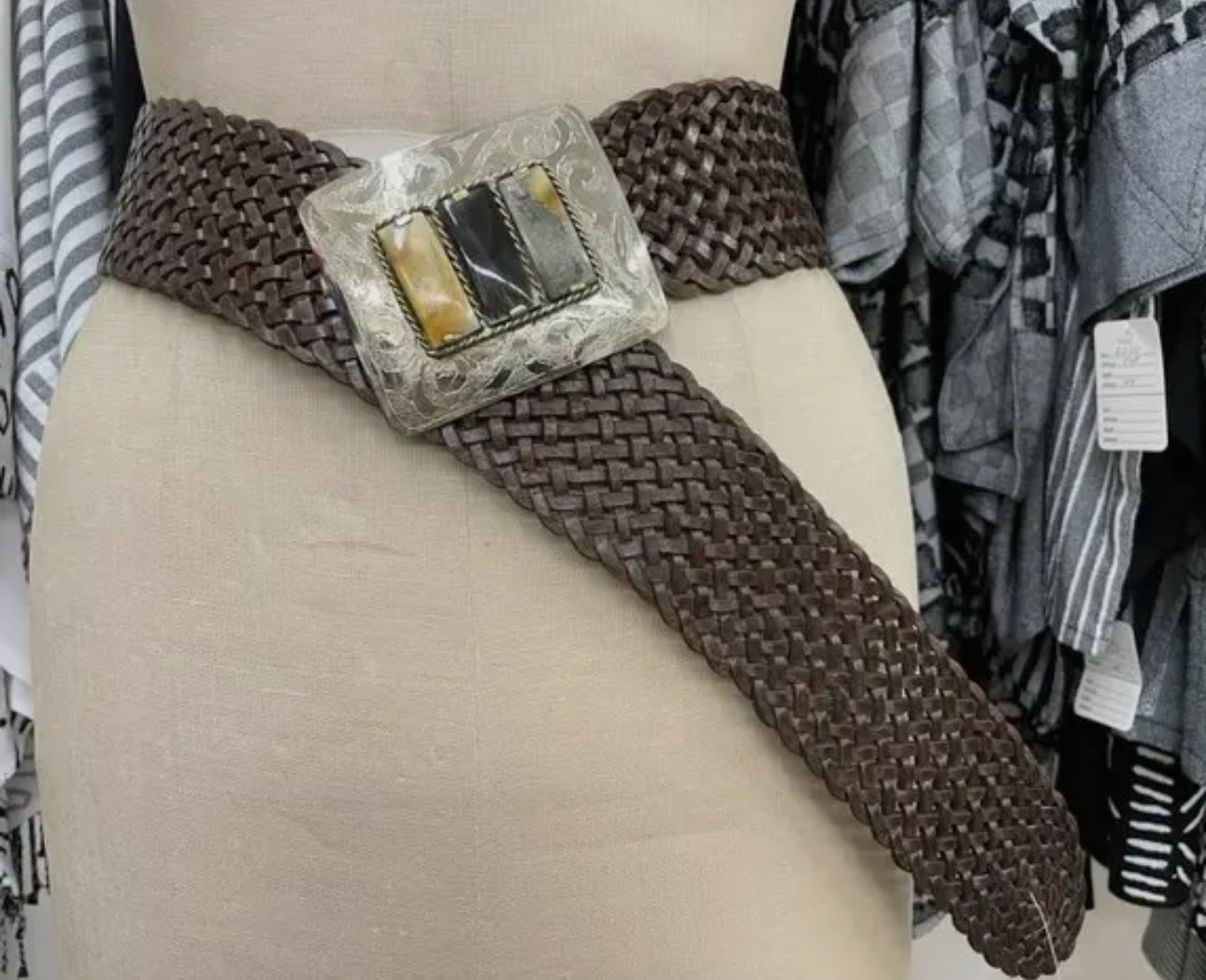 Brown Braided Leather Belt with inset Bone