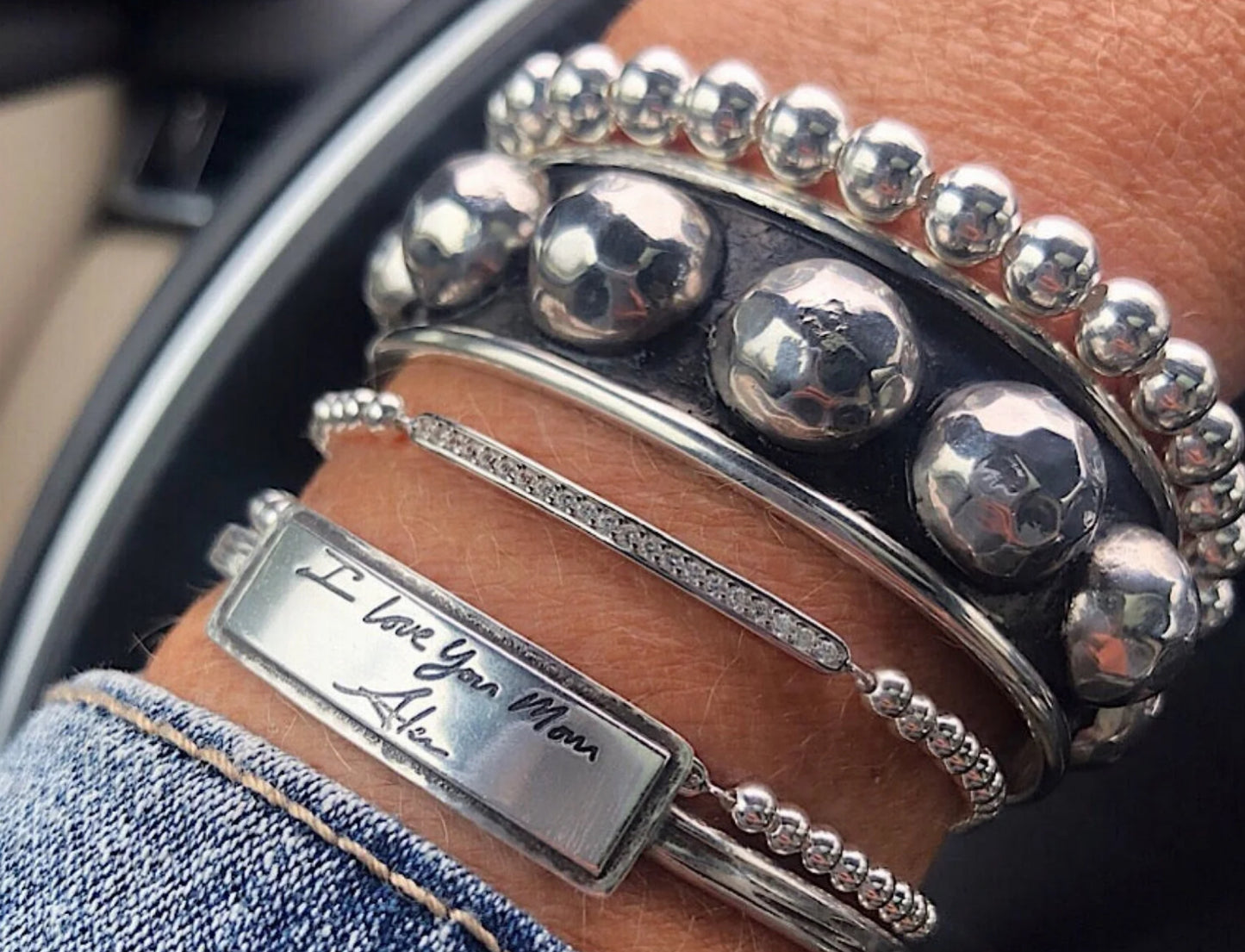 Sterling Silver Large Bead Stacker Cuff Bracelet