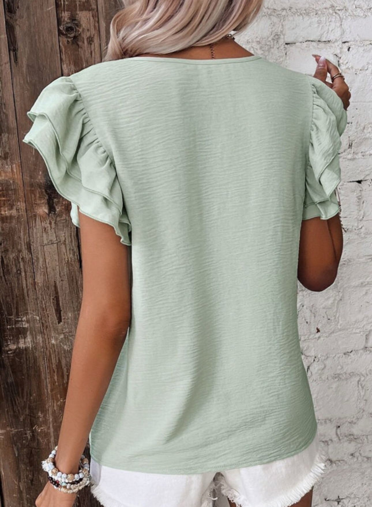 Clearly Auqa Short Ruffled Sleeve Blouse