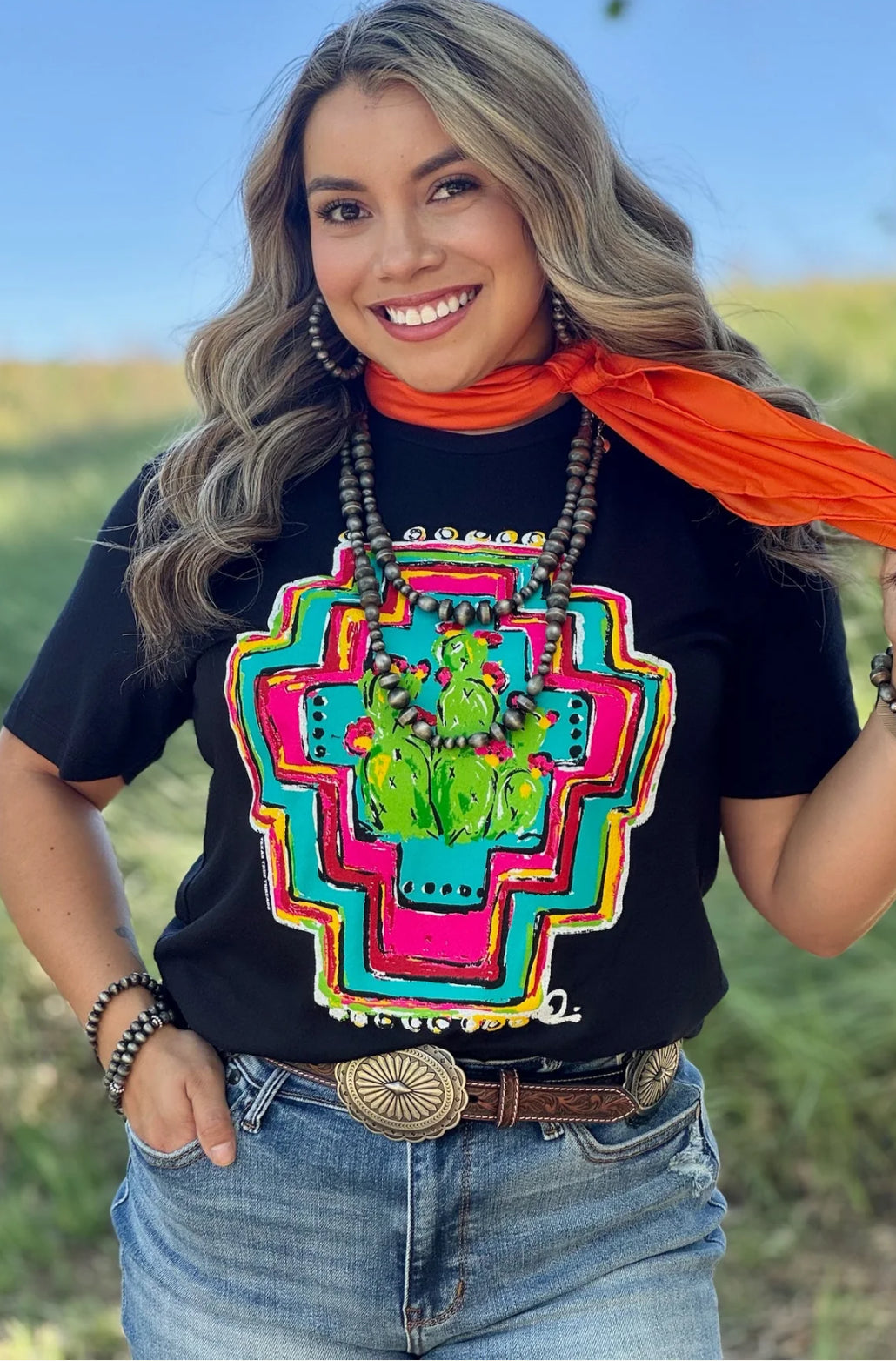 Texas True Callie Ann Stetler Aztec With Cacti Boyfriend Tee
