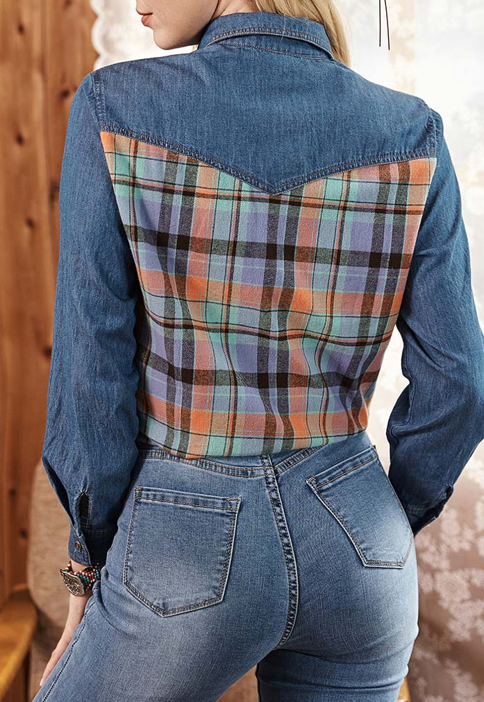 MONTANA WEST PATCHWORK PLAID EMBROIDERED LONG SLEEVE CHAMBRAY SHIRT