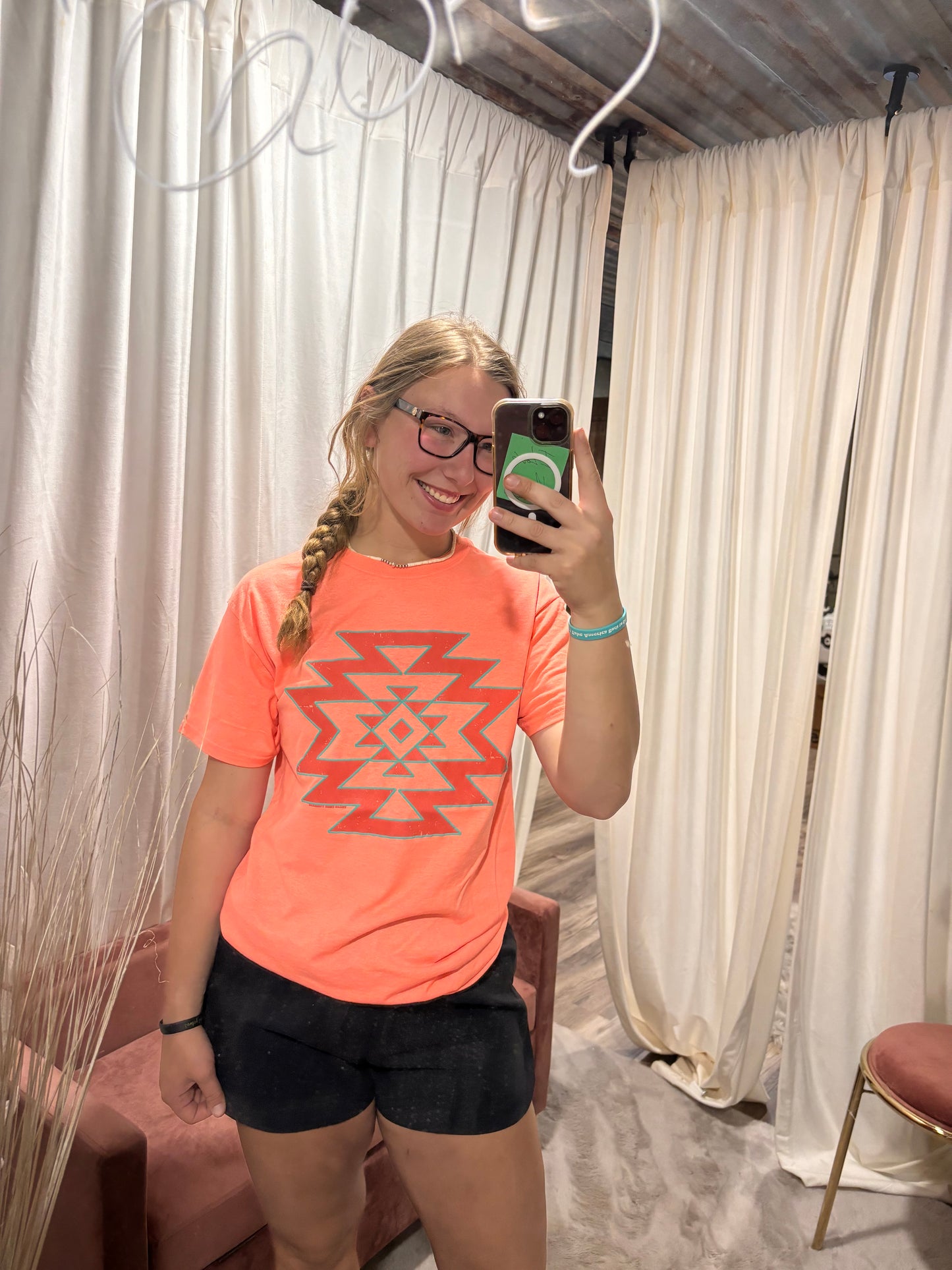 Texas True Coral Aztec Puff Tee
