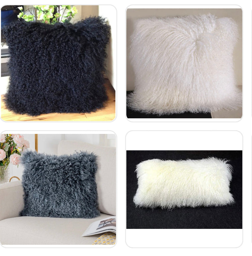 100% Black Real Mongolian Lamb Wool Pillow Cover w/ Filler