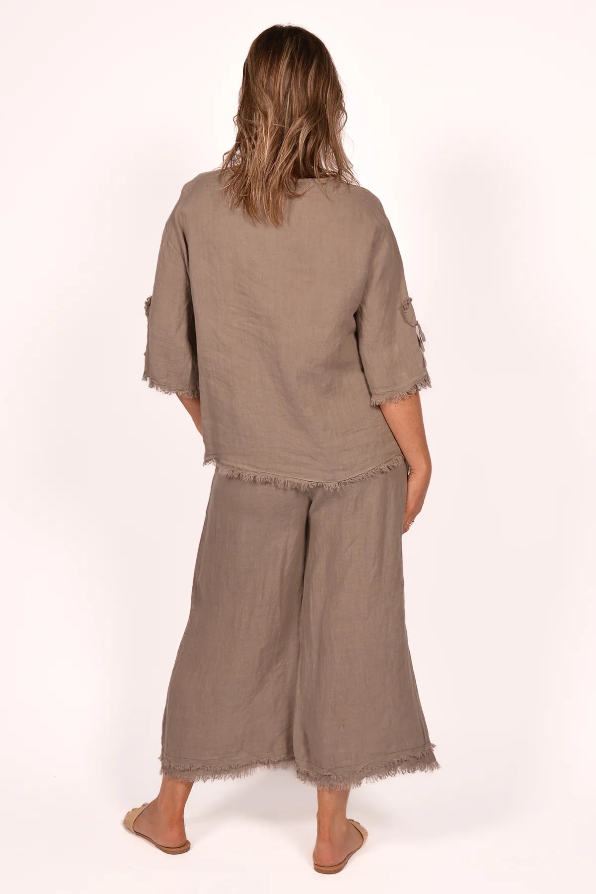 BE LINEN FRAYED EDGE PANTS Italy Collection O/S
