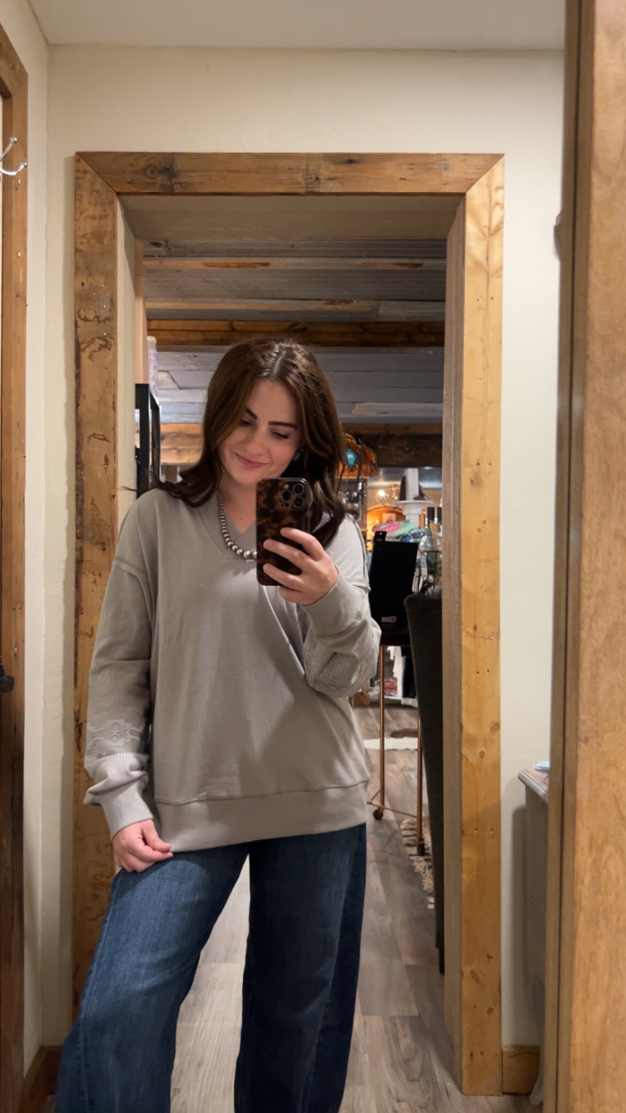 Embroidered Aztec Cutout Crewneck