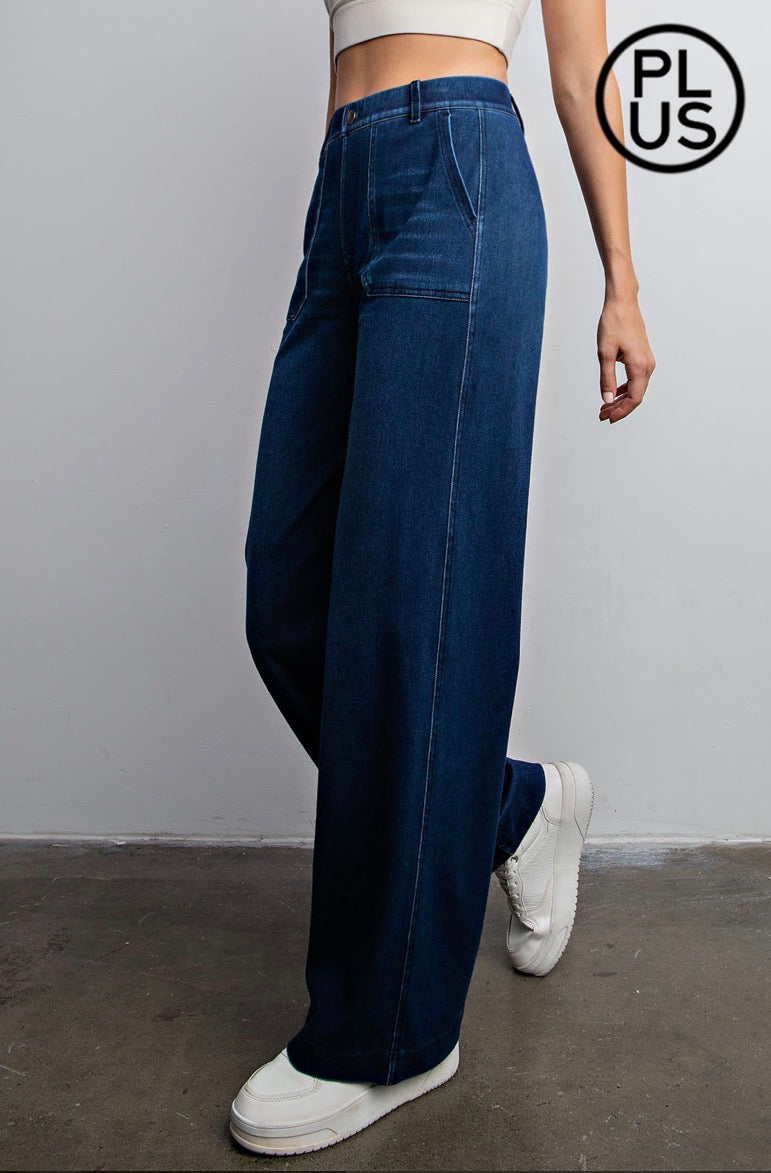 PLUS Cotton Stretch Denim Wide Leg Pants