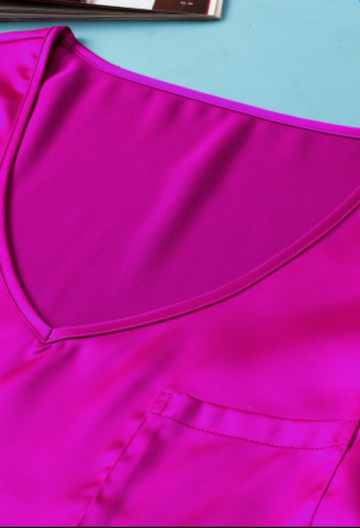 Bright Pink Satin V Neck Tee and Drawstring Shorts Set