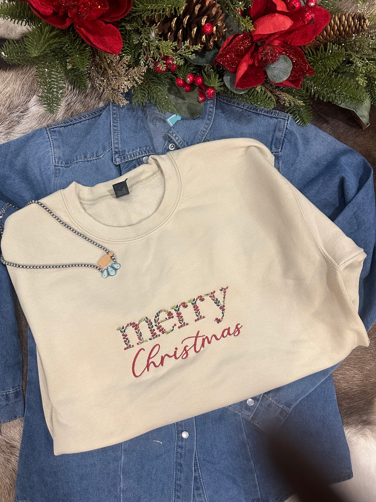 Embroidered Merry Christmas Long Sleeve Tee