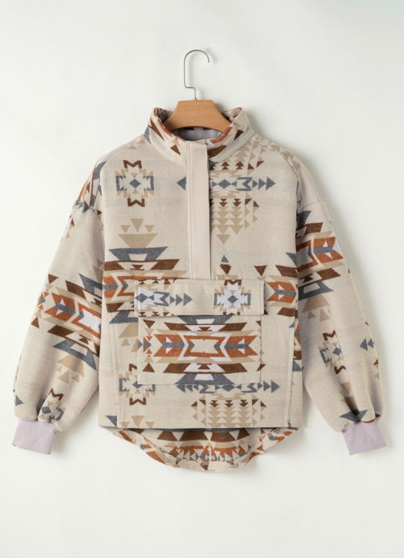 Aztec Print Collared Flap Pocket Pullover
