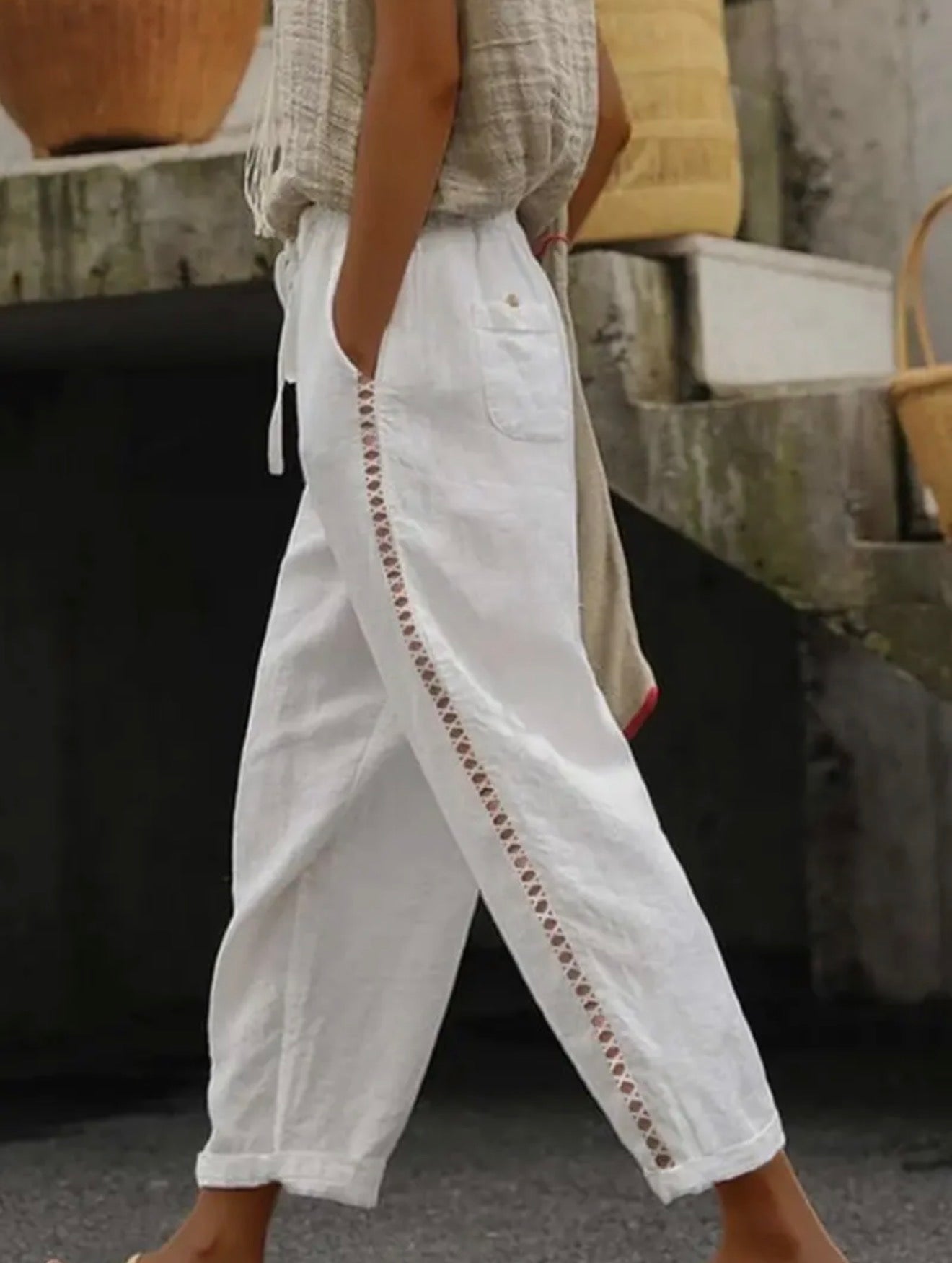 Solid Color Cutout Patchwork Pants