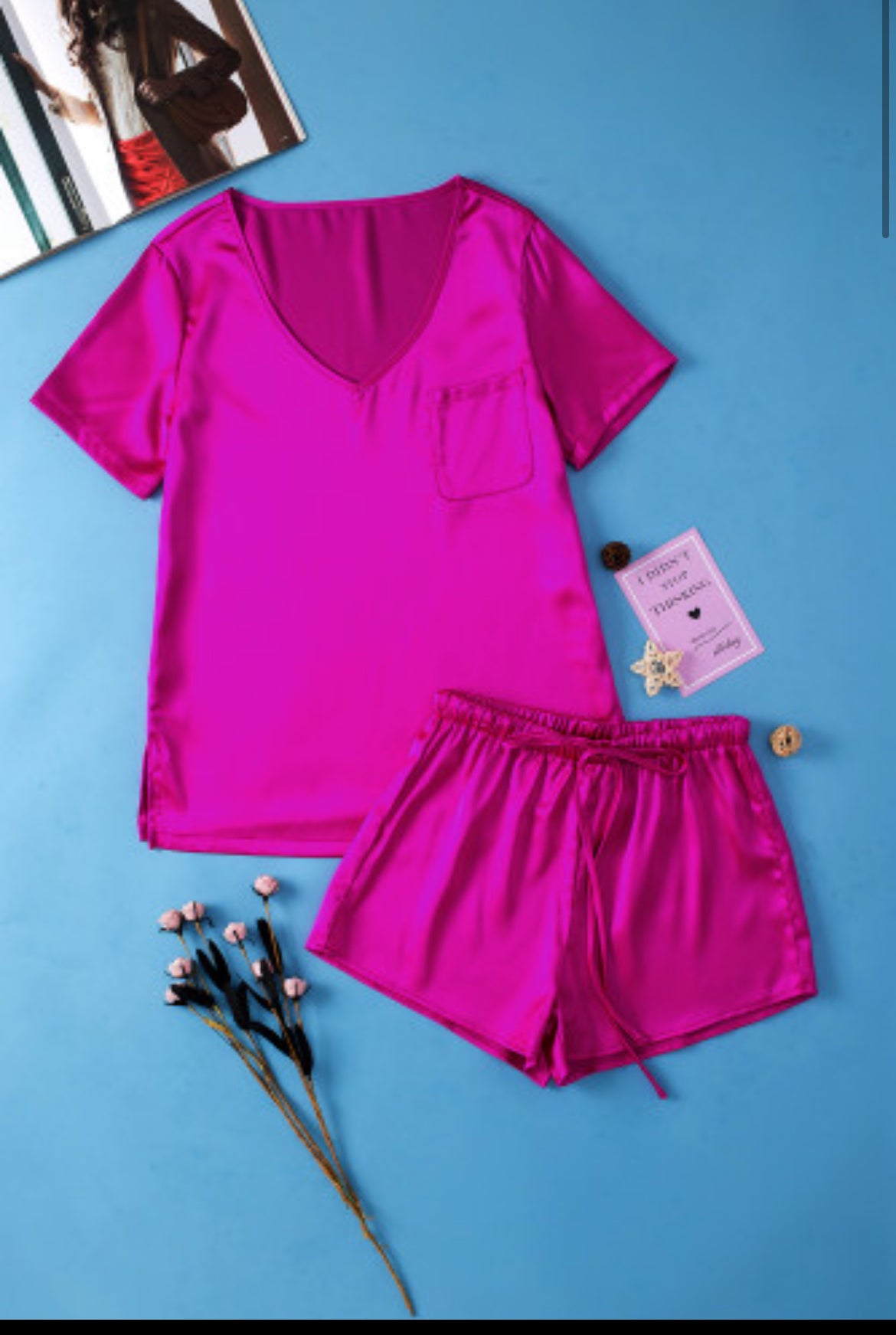 Bright Pink Satin V Neck Tee and Drawstring Shorts Set