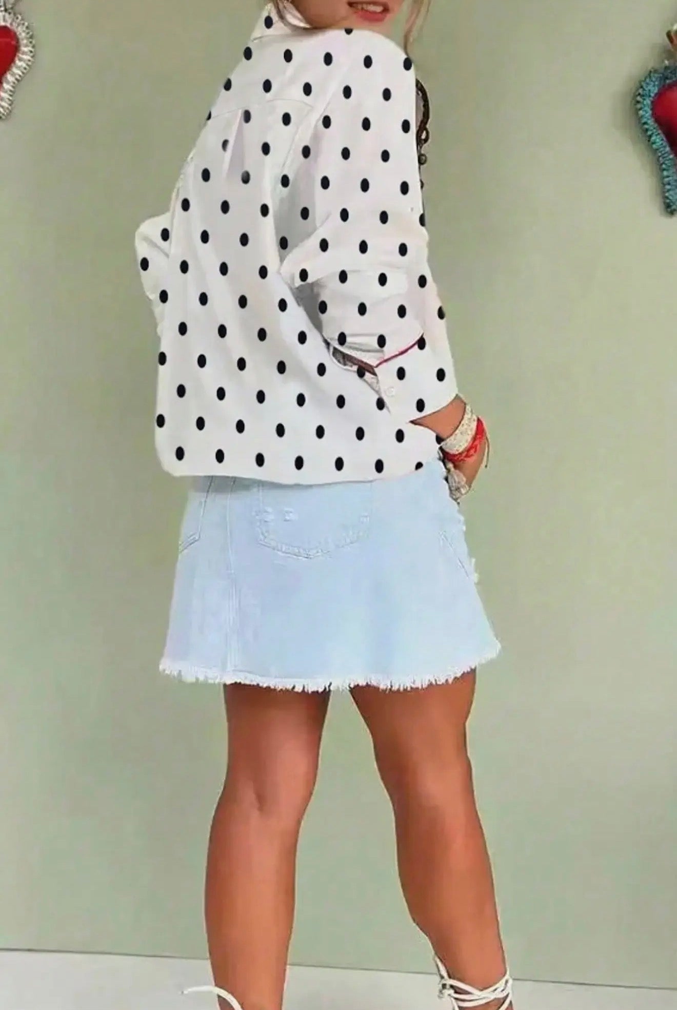 White woth Black Polka Dot Red Trim Contrast Trim Button Up Blouse