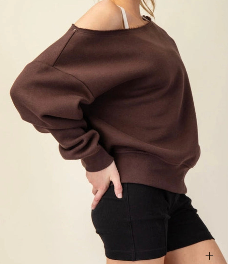 Rae Mode French Terry Fleece Off Shoulder Top Wide Neck Sweater