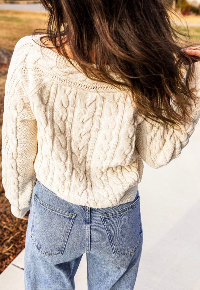 Beige Drop Shoulder Round Neck Cable Knit Sweater
