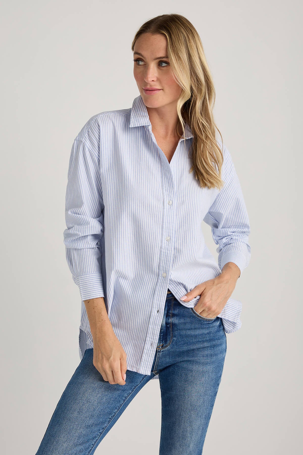 Beach Lunch Lounge Striped Button Down Shirt Sydney Blue Opal