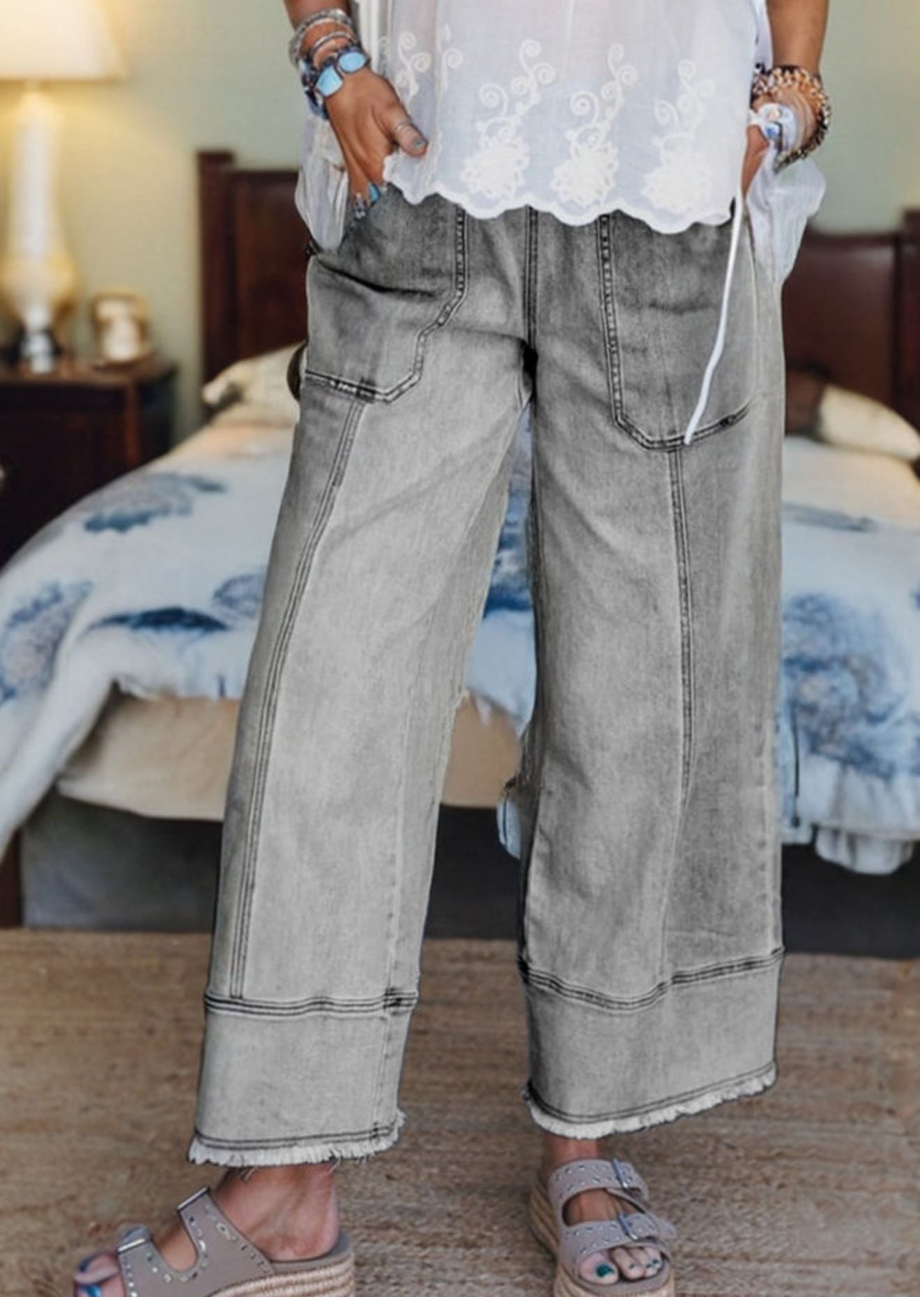 Prussian Drawstring Seam Detail Raw Hem Wide Leg Denim Cropped Jeans