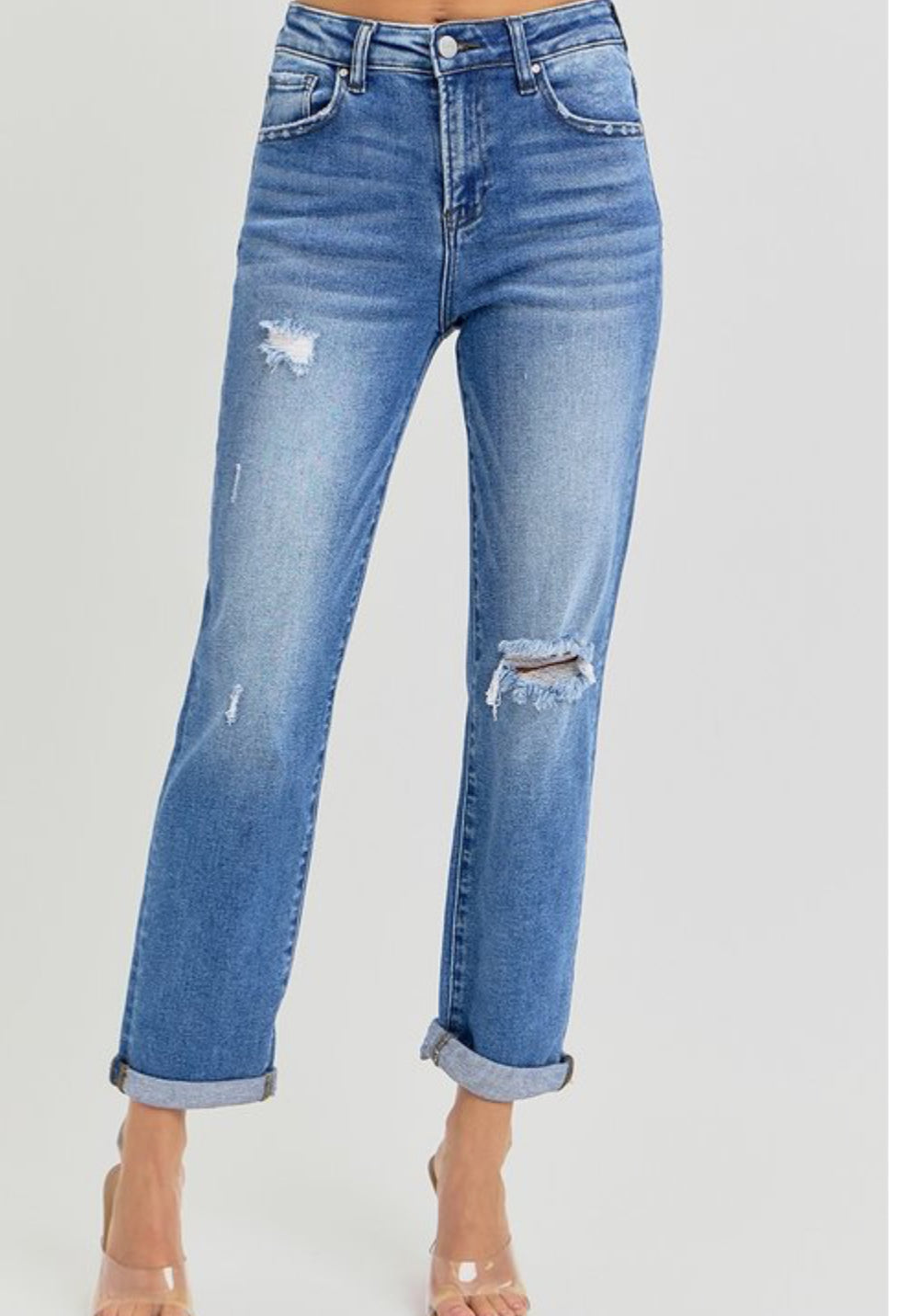 RISEN JEANS - HIGH RISE CROP GIRLFRIEND ROLL UP JEANS