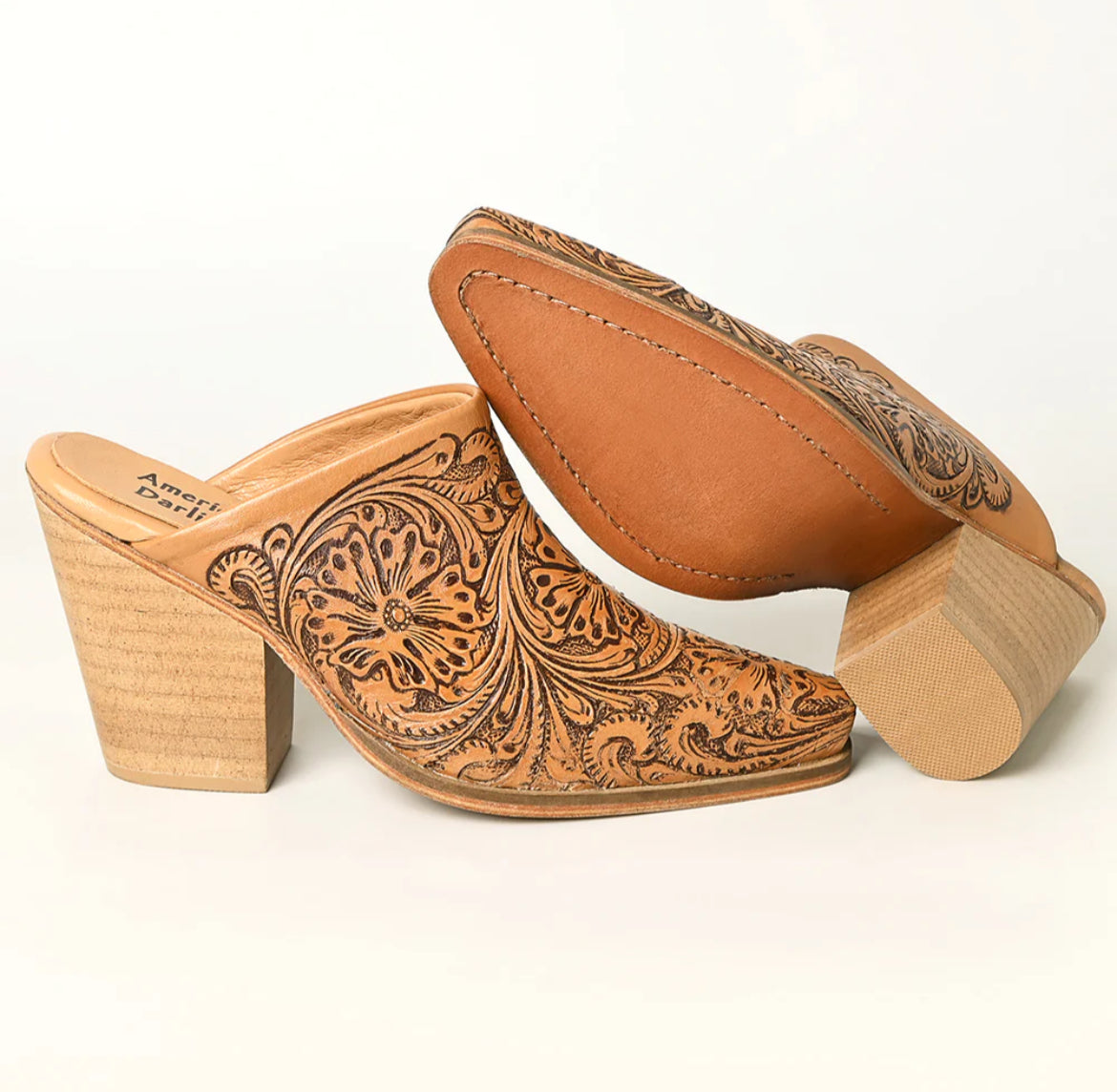 American Darling tooled genuine leather tooled heel booties