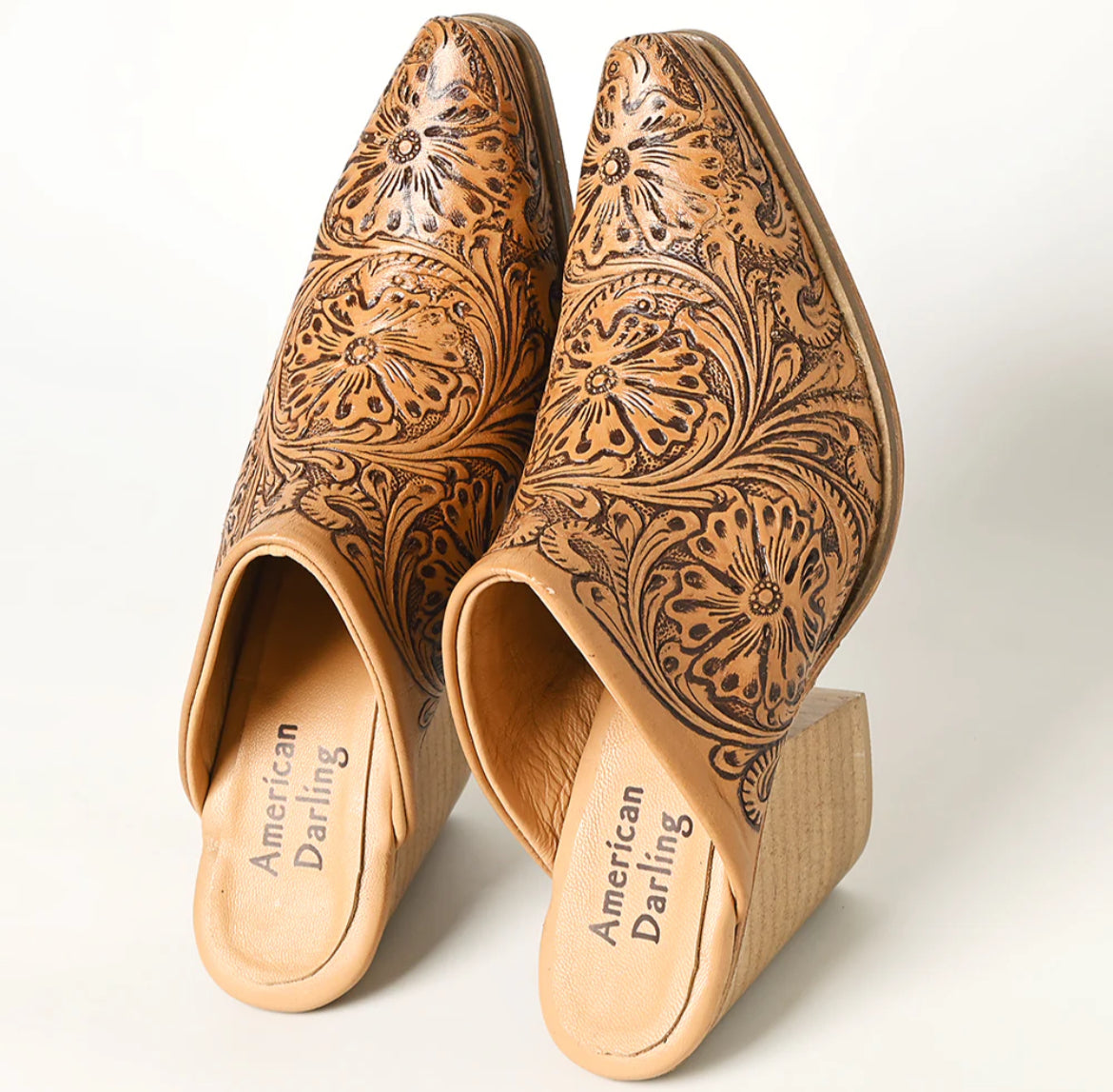 American Darling tooled genuine leather tooled heel booties