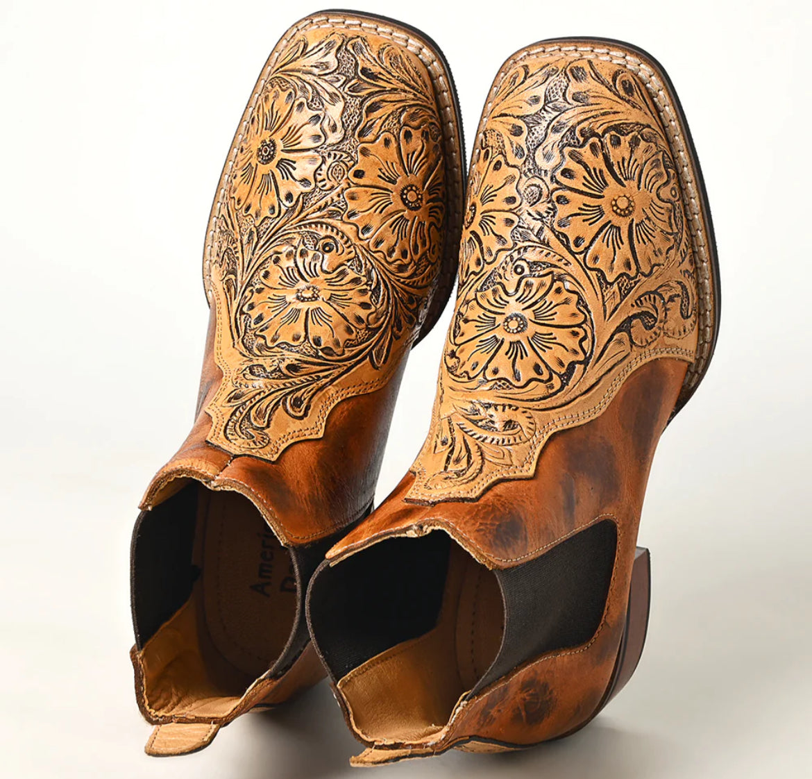 American Darling tooled Genuine leather square toe booties