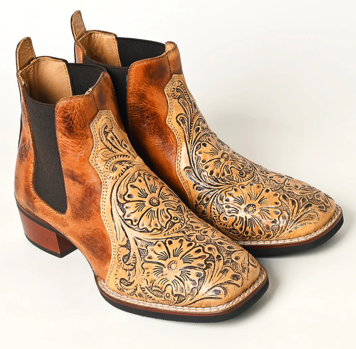 American Darling tooled Genuine leather square toe booties