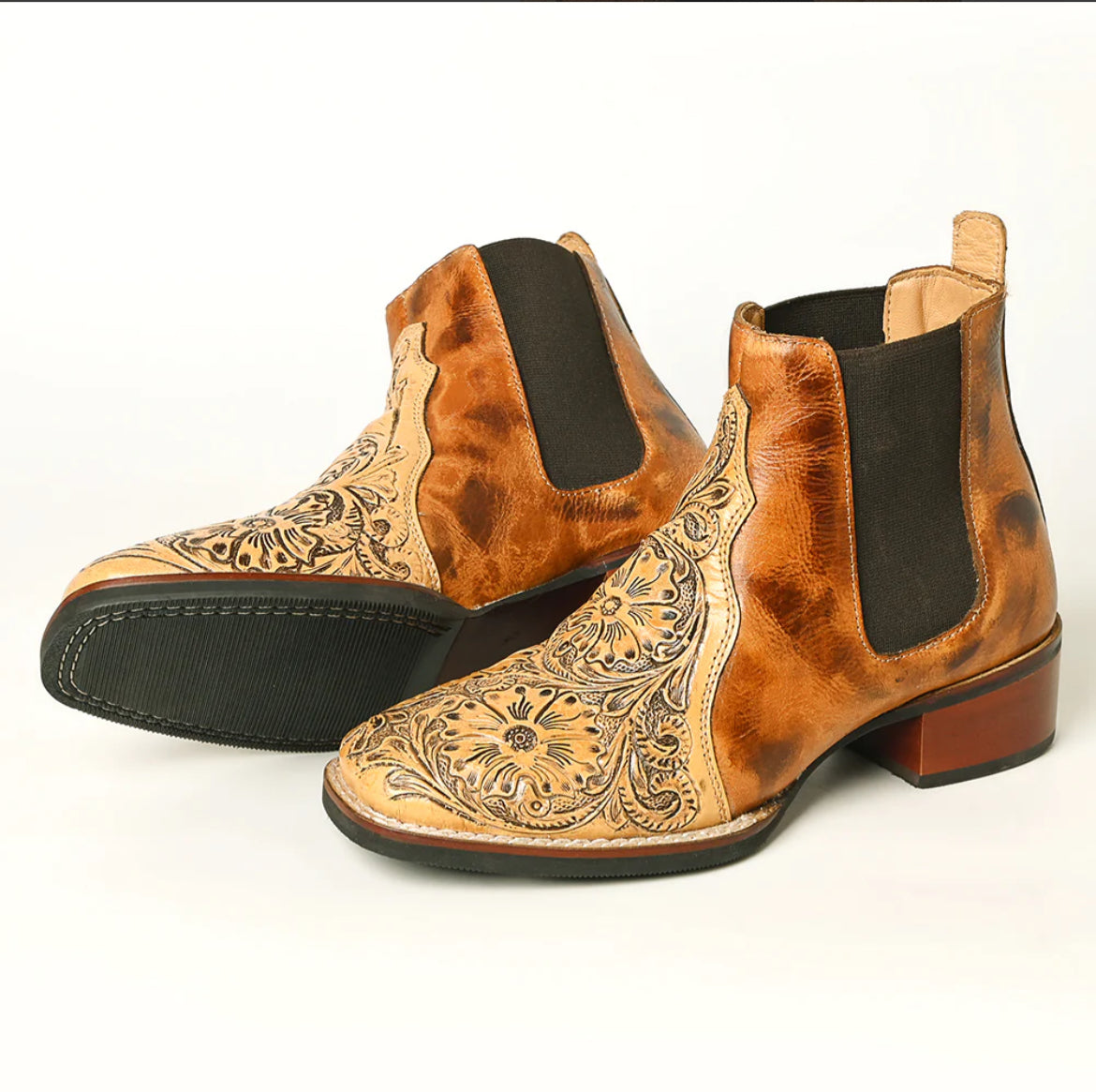 American Darling tooled Genuine leather square toe booties