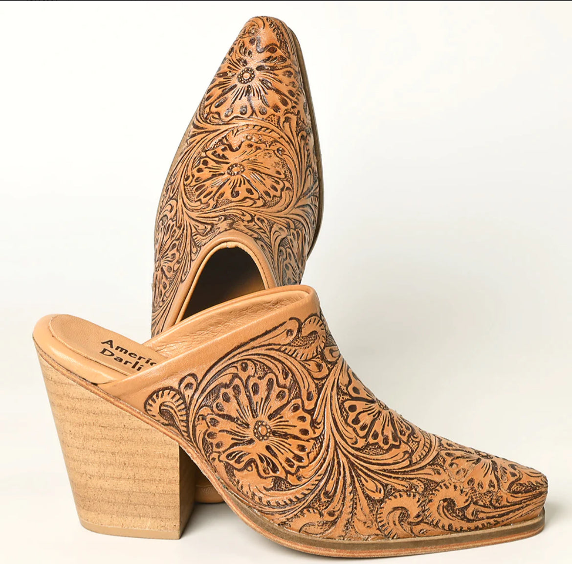 American Darling tooled genuine leather tooled heel booties
