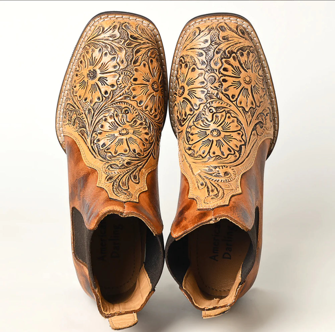 American Darling tooled Genuine leather square toe booties