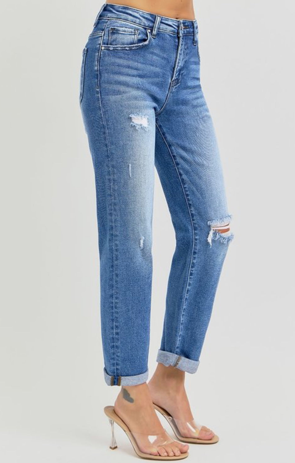 RISEN JEANS - HIGH RISE CROP GIRLFRIEND ROLL UP JEANS