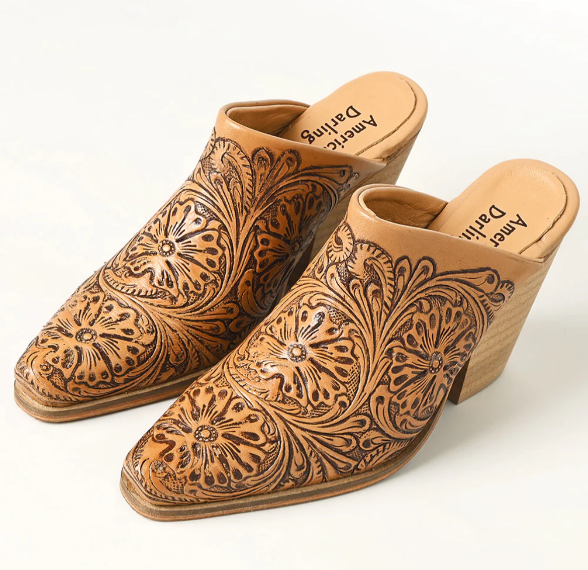 American Darling tooled genuine leather tooled heel booties