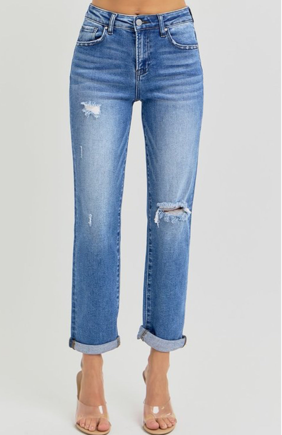 RISEN JEANS - HIGH RISE CROP GIRLFRIEND ROLL UP JEANS