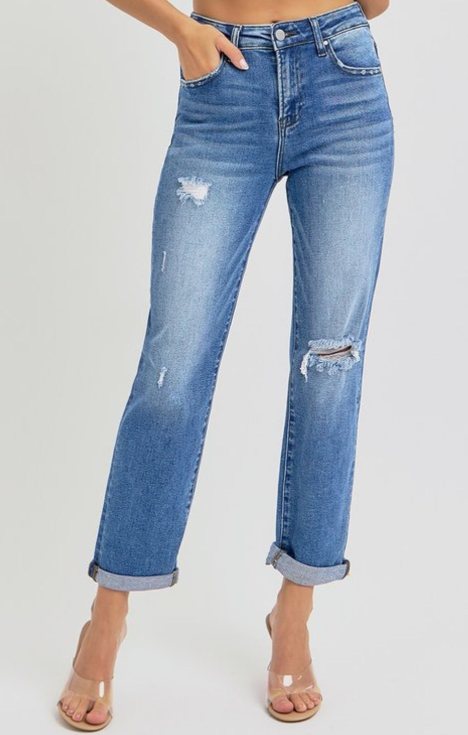 RISEN JEANS - HIGH RISE CROP GIRLFRIEND ROLL UP JEANS