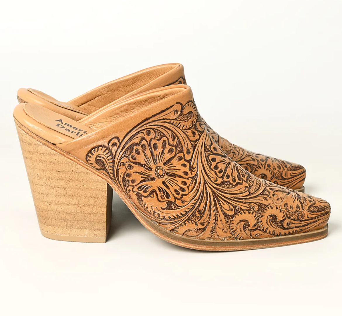 American Darling tooled genuine leather tooled heel booties