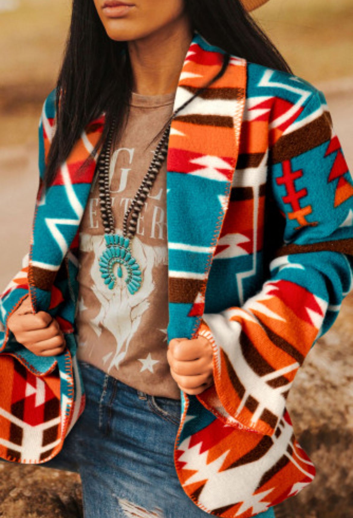 Sky Blue Aztec Printed Lapel Bell Sleeve Jacket