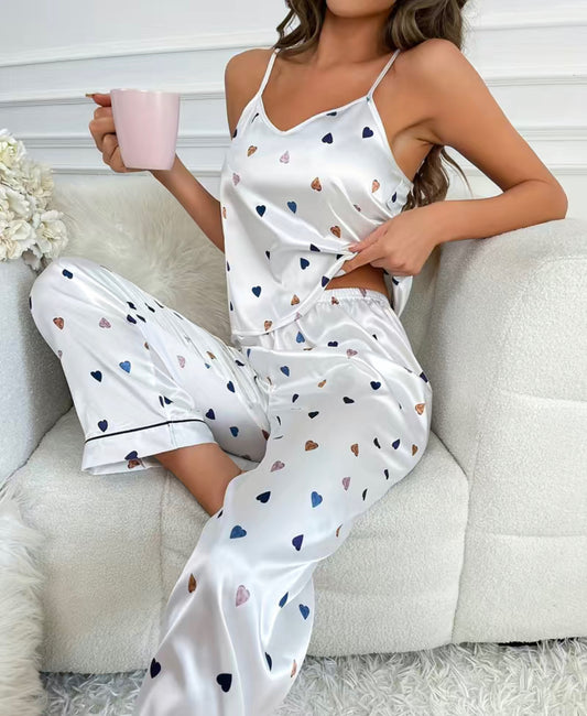 White satin multicolor heart pant set pjs