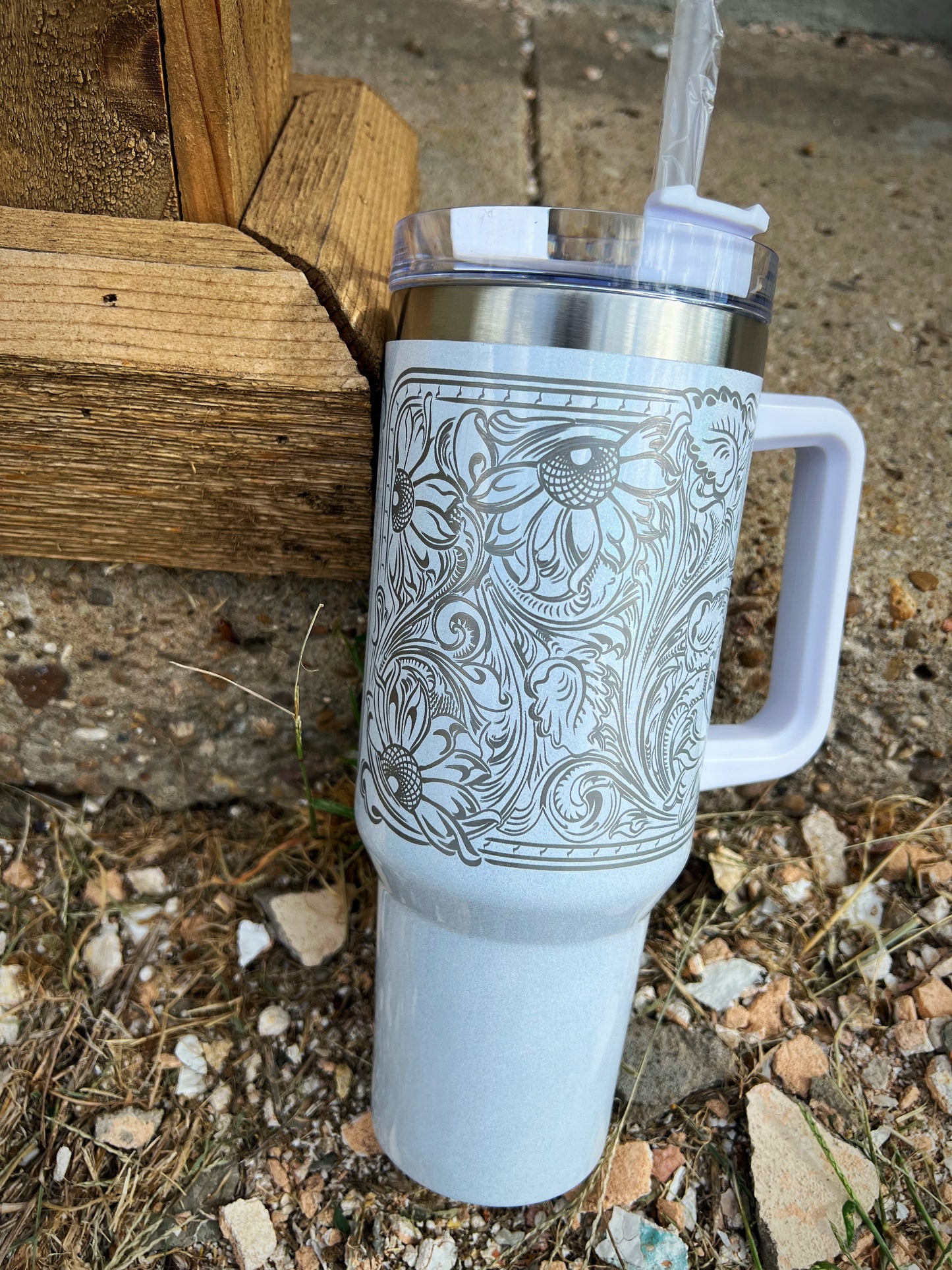 Custom Etched Tooled Leather Design Tumbler 40oz