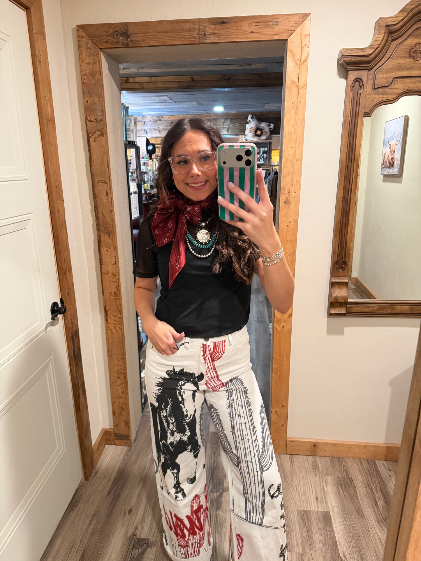 Lucky & Blessed Ivory Western Cactus Wild Life Printed High Rise Wide Leg Jeans (32in Inseam)