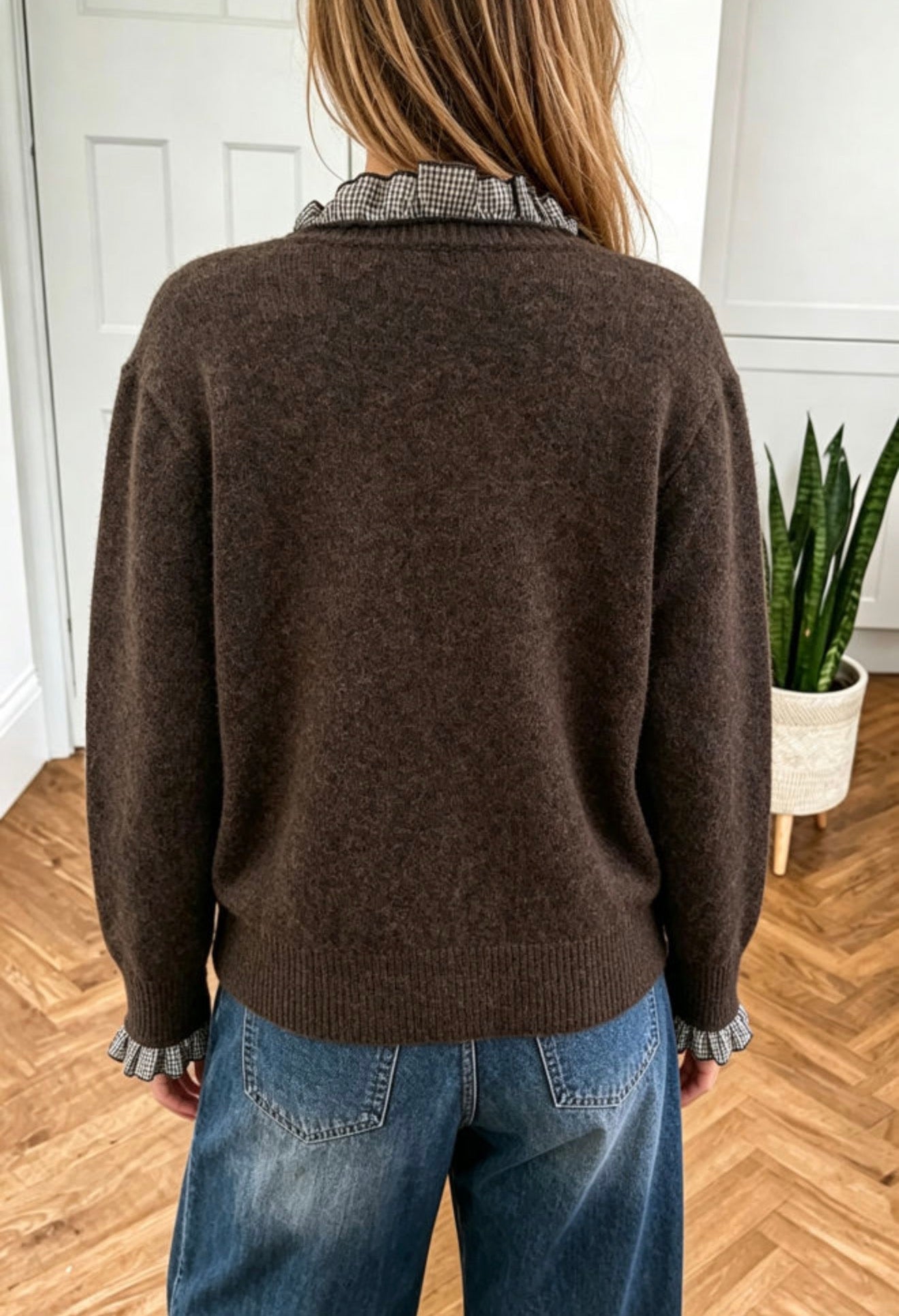 Chicory Coffee Plaid Ruffle Trim Brown Sweater