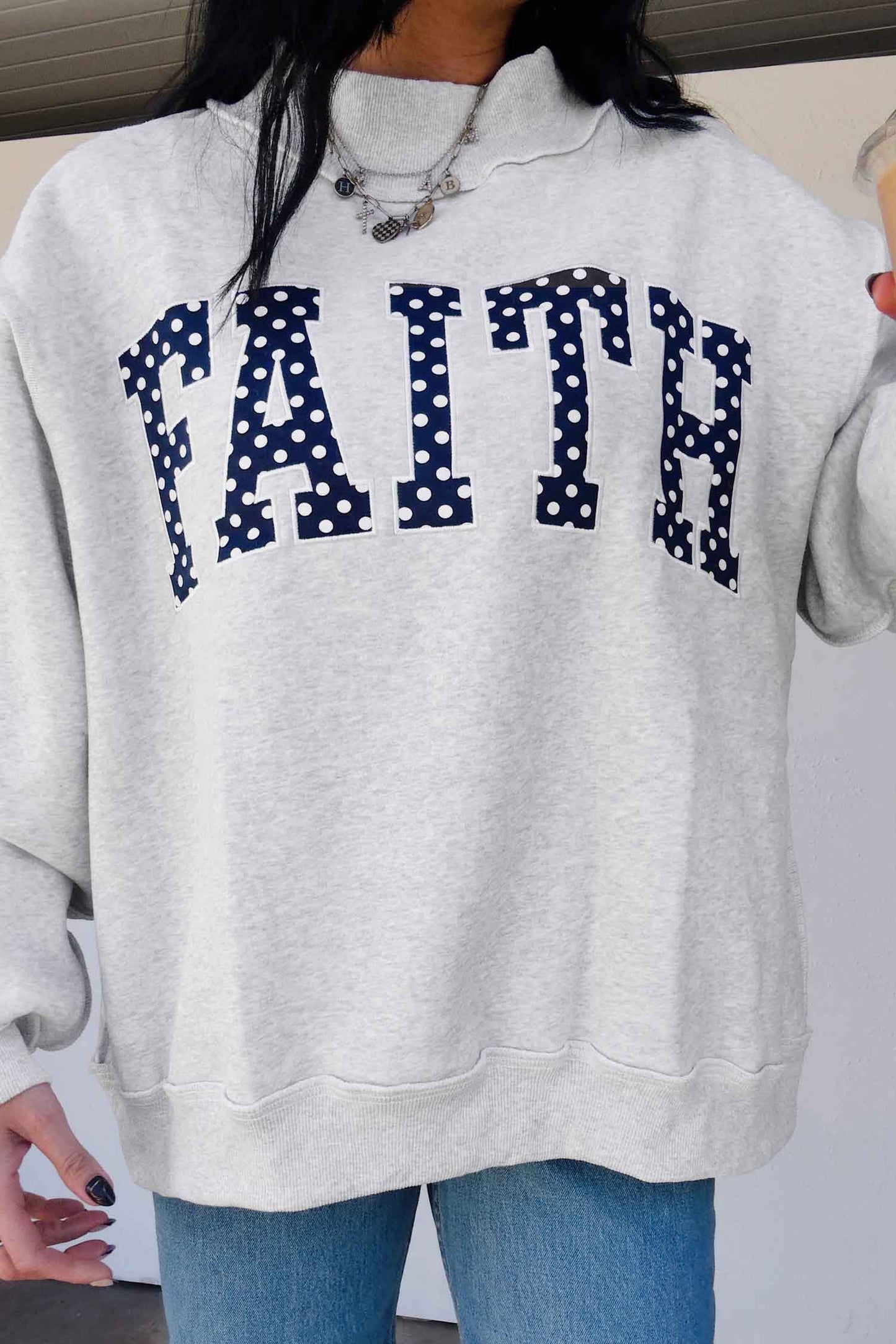 Light Grey High Neck Polka Dot Faith Printed Baggy Sweatshirt