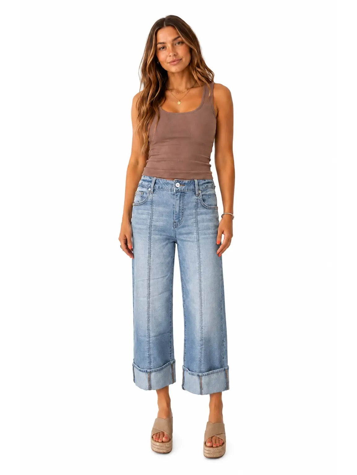 Cuffed Wide Leg Jean w/ Seaming Detail