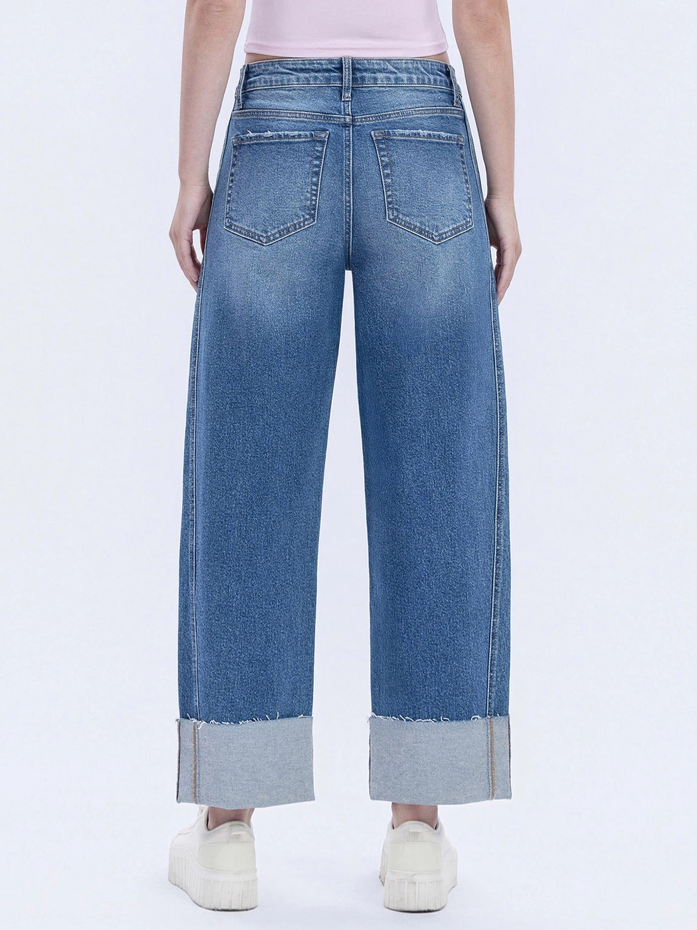 High Rise Cuffed Barrel Leg Jeans