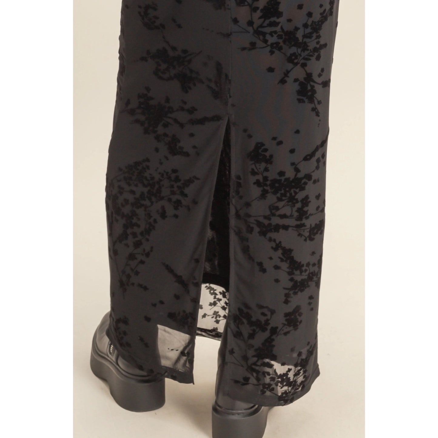 Floral Flocked Mesh Pencil Skirt