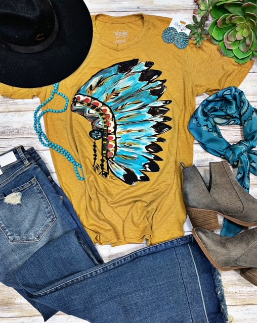Yellow headdress with multicolor ink t-shirt Texas True
