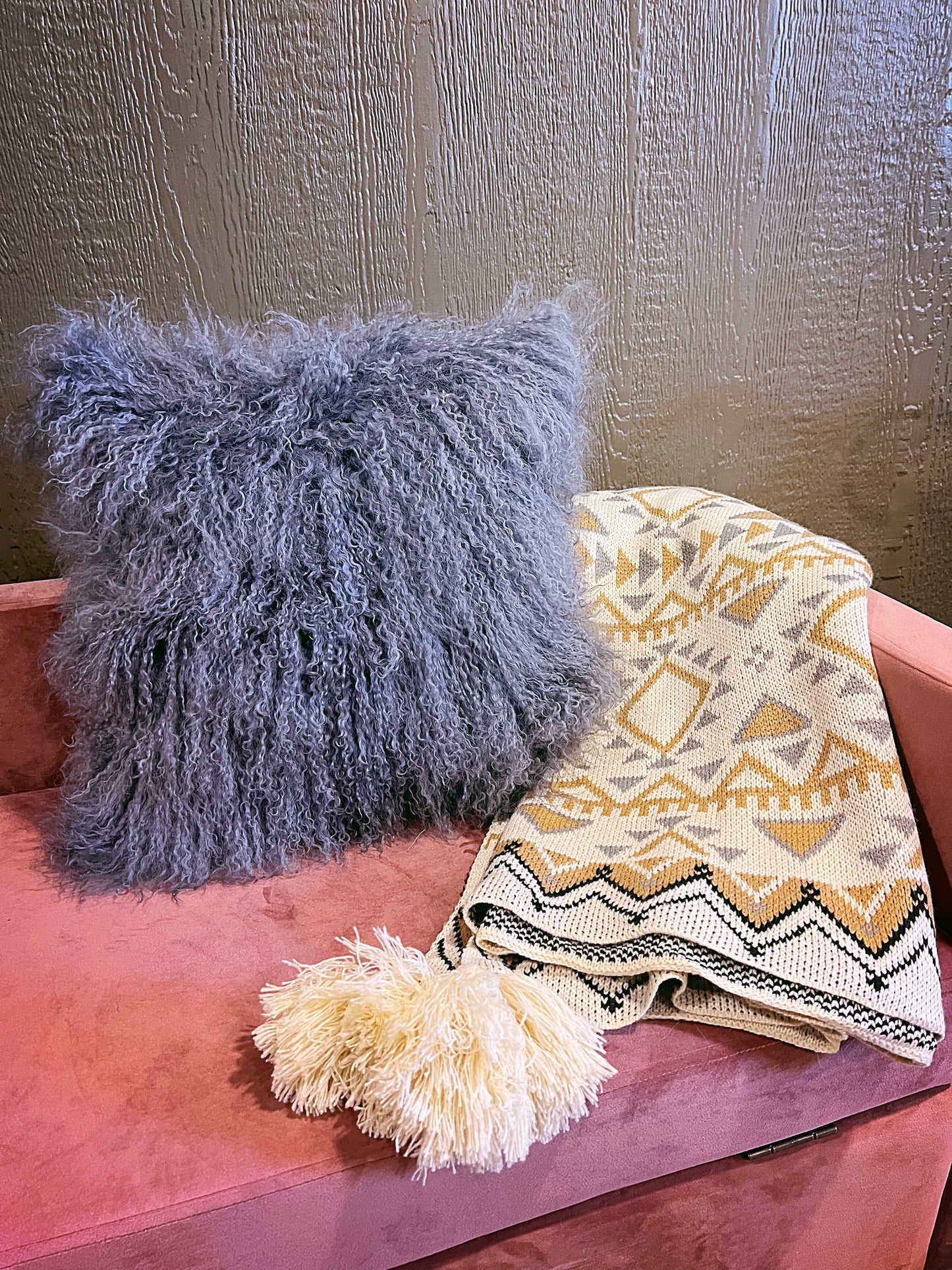 100% Gray Real Mongolian Lamb Wool Pillow Cover with Filller