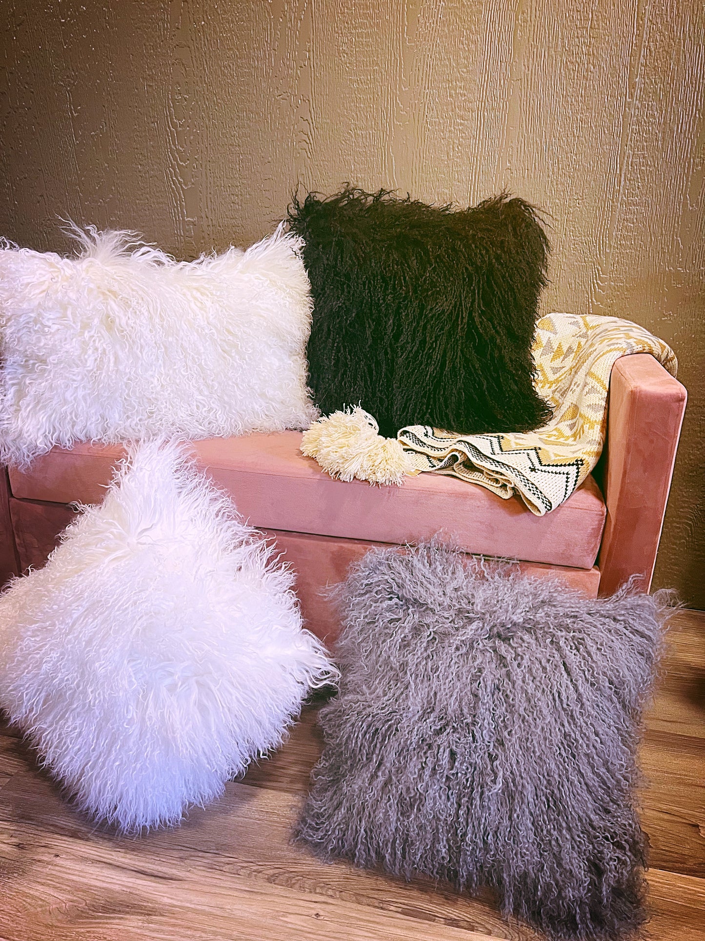 100% Black Real Mongolian Lamb Wool Pillow Cover w/ Filler