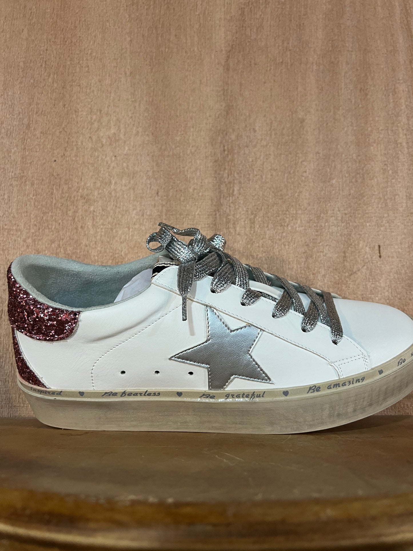 SHUSHOP Pink Reba glitter silver star sneakers