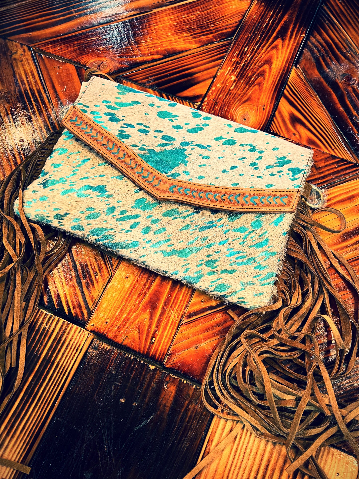 Cowhide leather Clutch with fringe