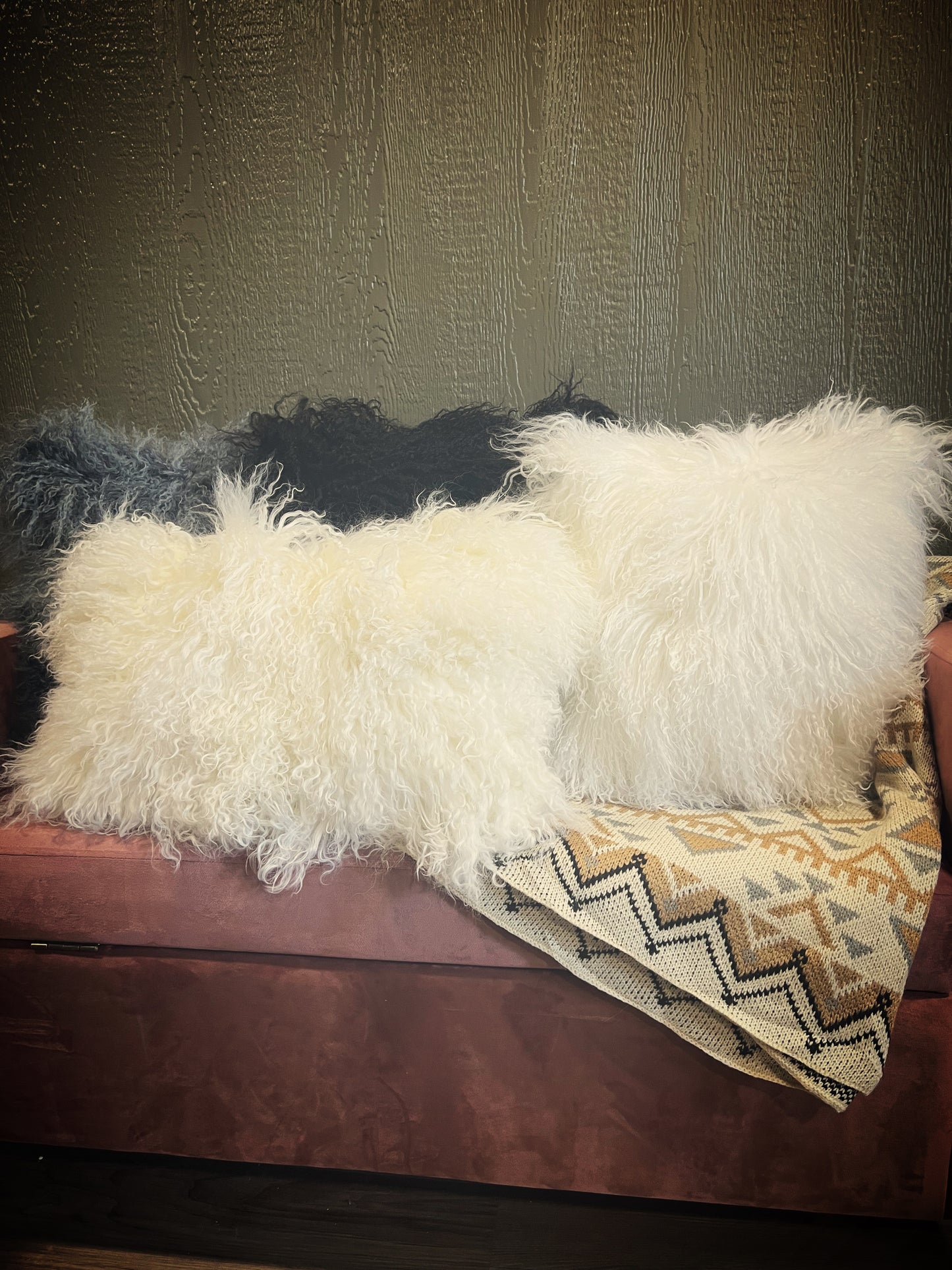100% Black Real Mongolian Lamb Wool Pillow Cover w/ Filler