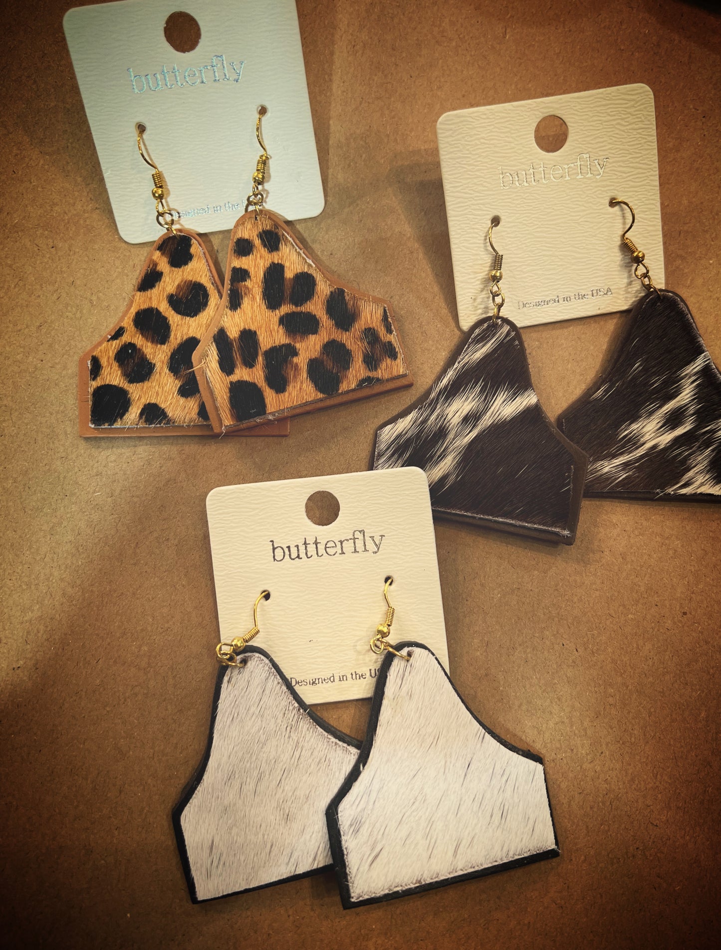 Cowhide ear tag earrings